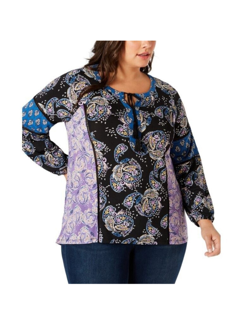 Style & Co Women's Paisley Black & Purple Boho Tie-Neck Tunic Blouse Size 3X